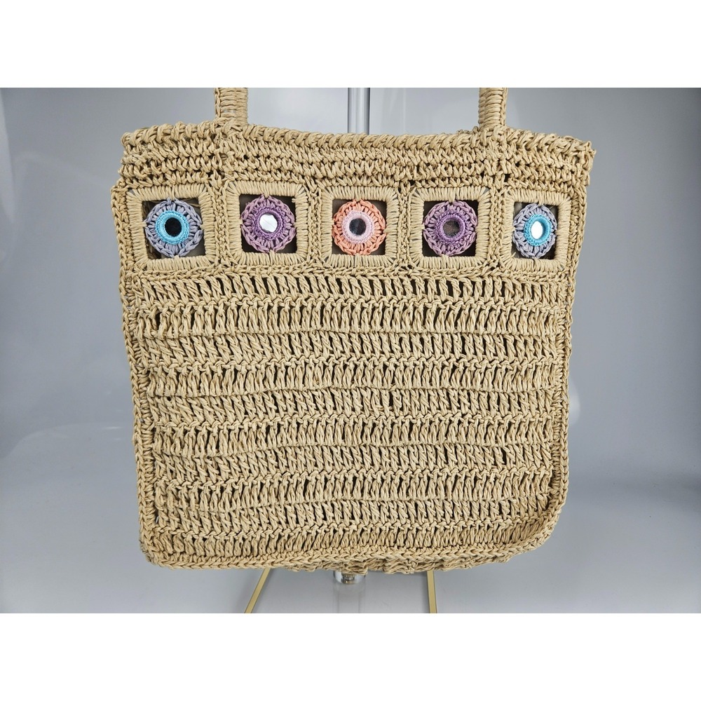 Boho Woven Straw Tote Bag Crochet Beach Summer Purse Lined Zip